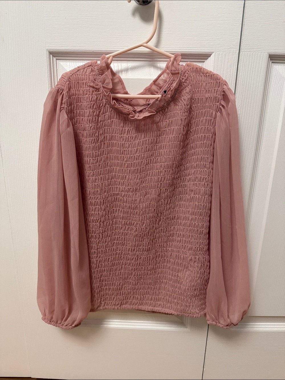 Express Dusty Rose Smocked Blouse with Ruffled Neck